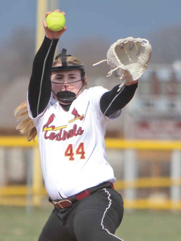 William D. Lewis The Vindicator  Mooney pitcher Kayla Rutherford (44) during 4-11-18 game with Ursuline.