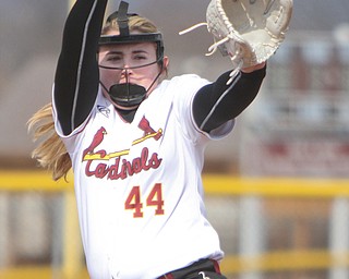 William D. Lewis The Vindicator  Mooney pitcher Kayla Rutherford (44) during 4-11-18 game with Ursuline.