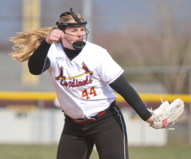William D. Lewis The Vindicator  Mooney pitcher Kayla Rutherford (44) during 4-11-18 game with Ursuline.