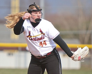 William D. Lewis The Vindicator  Mooney pitcher Kayla Rutherford (44) during 4-11-18 game with Ursuline.