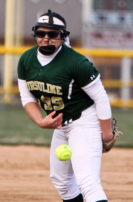William D. Lewis The Vindicator  Ursuline pitcher Jordan Kennally(99)) during 4-11-18 game with Mooney.