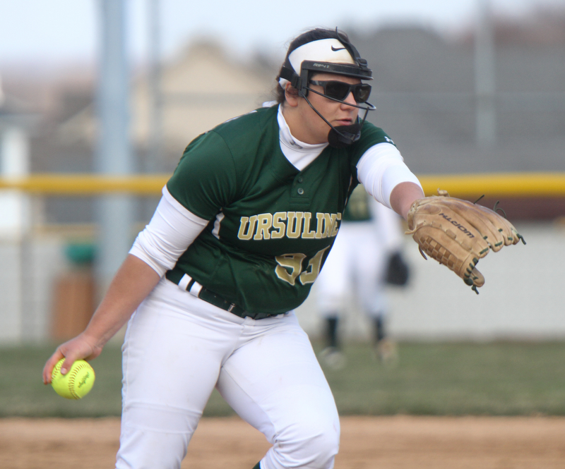 William D. Lewis The Vindicator  Ursuline pitcher Jordan Kennally(99)) during 4-11-18 game with Mooney.