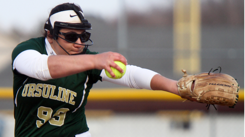 William D. Lewis The Vindicator  Ursuline pitcher Jordan Kennally(99)) during 4-11-18 game with Mooney.