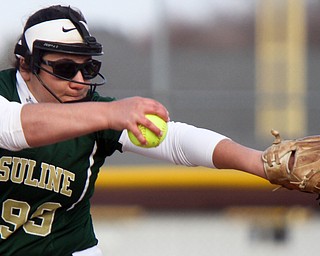 William D. Lewis The Vindicator  Ursuline pitcher Jordan Kennally(99)) during 4-11-18 game with Mooney.