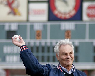 Rich Coppola, former Fitch coach, throws out first ball at new Fitch baseball facility 4-12-18.

William D. Lewis - The Vindicator