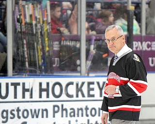 William D. Lewis The Vindicator YSU president Jim Tressel spoke to area studnets from hte ice during 4-12-18 Phantoms/Team USA game at Covelli.