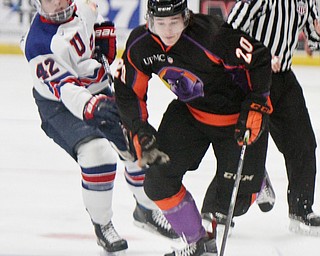 William D. Lewis The Vindicator Phantoms Curtis Hall(20) and Team USA Owen Lindmark(42) go for the puck during a game 4-12-18 at Covelli. Students from area schools visited the Covelli for a hockey game.