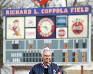 Rich Coppola, former Fitch coach, throws out first ball at new Fitch baseball facility 4-12-18.

William D. Lewis - The Vindicator