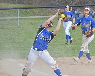 Poland Seminary's #7, Payton Slaina, makes a catch to end the inning during their game against South Range in Poland on Saturday, April 14, 2018.

Photo by Scott Williams - The Vindicator