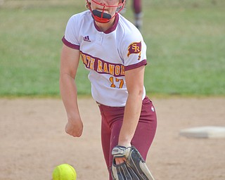 South Range's pitcher, #17 - Bree Kohler, wings a fastball during their game against Poland Seminary in Poland on Saturday, April 14, 2018.

Photo by Scott Williams - The Vindicator