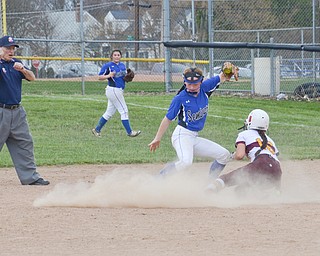 South Range's #16, Hanna Dennison, is forced out at second base by Poland Seminary's #11, Laruen Sienkiewicz, during their game in Poland on Saturday, April 14, 2018.

Photo by Scott Williams - The Vindicator