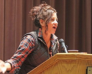 Rochelle Morelli of Jackson-Milton High School talks about the Williamson Fund Impromptu writing contest during Youngstown State University's 40th English Festival on Wednesday. 

Photo by Robert K. Yosay - The Vindicator