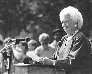 Barbara Bush speaks to students and the crowd at St. Luke School.

 Photo taken September 17, 1992.  

Photo by Doug Oster - The Vindicator