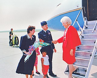 From left, Mrs. Wendy Pieczynski, Lt. Col. Ben Pieczynski, and Mrs. Barbara Bush at the Youngstown Air Reserve Station on September 17, 1992.  

United States Air Force photo by TSGT. Rick Lieb. 

This photo is apart of the Vindicator's collection.