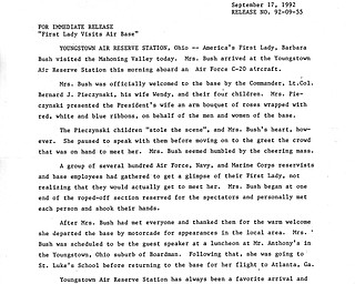 Official press release regarding First Lady Barbara Bush's visit to the Youngstown Air Reserve Station. This document is apart of the Vindicator's collection.