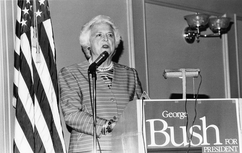 Second Lady of the United States, Barbara Bush, breezed through Youngstown on Thursday, April 21, 1988, stopping briefly to visit a sixth-grade class at West Elementary and officials of the Mahoning Valley Literacy Commission.  

Photo taken April 21, 1988.  

Photo published April 22, 1988. 

 Photo by Robert K. Yosay - The Vindicator 