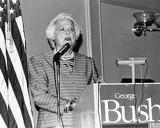 Second Lady of the United States, Barbara Bush, breezed through Youngstown on Thursday, April 21, 1988, stopping briefly to visit a sixth-grade class at West Elementary and officials of the Mahoning Valley Literacy Commission.  

Photo taken April 21, 1988.  

Photo published April 22, 1988. 

 Photo by Robert K. Yosay - The Vindicator 
