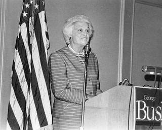Second Lady of the United States, Barbara Bush, breezed through Youngstown on Thursday, April 21, 1988, stopping briefly to visit a sixth-grade class at West Elementary and officials of the Mahoning Valley Literacy Commission.  

Photo taken April 21, 1988. 

 Story published April 22, 1988. 

 Photo by Robert K. Yosay - The Vindicator