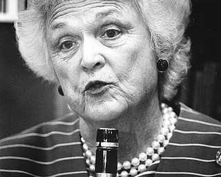 Second Lady of the United States, Barbara Bush, breezed through Youngstown on Thursday, April 21, 1988, stopping briefly to visit a sixth-grade class at West Elementary and officials of the Mahoning Valley Literacy Commission.  

Photo taken April 21, 1988.  

Story published April 22, 1988.  

Photo by Choo H. Ng. - The Vindicator