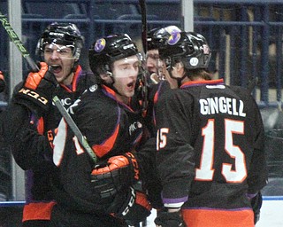 William D. Lewis The Vindicator   Phantoms Chase Gresock(19),center, gets congrats  after scoring a 1rst period goal during 4/20/18 action with Saints in Youngstown.