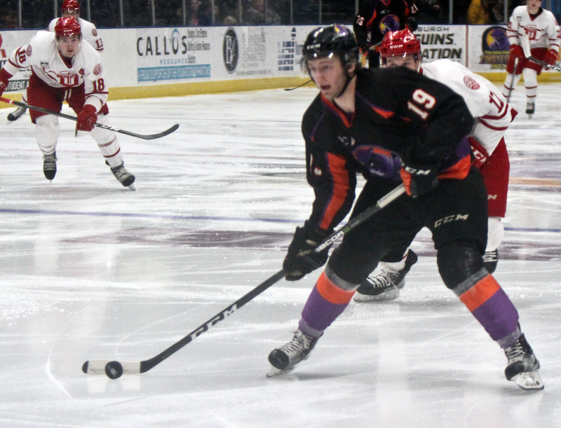 William D. Lewis The Vindicator   Phantoms Chase Gresock(19) lines up a 1rst period goal during 4/20/18 action with Saints in Youngstown.