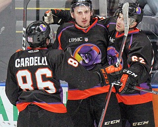 William D. Lewis The Vindicator   Phantoms Joey Abate(17)from Nicholas Cardelli(86) and Michael Joyaux(62) after scoring during 4/20/18 action in Youngstown.