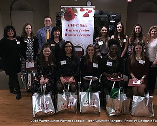 The GFWC Ohio Warren Junior Women’s League recently recognized 10 Trumbull County teenagers for their time, service and dedication to volunteer work during the league’s 48th annual WJWL Teen Volunteer Awards Banquet. More than 30 submissions were received from area students and judged by Esther Gartland, Ginny Pasha and Diane Szuch. The top 10 each received a $25 check and gift bag from Eastwood Mall. The top teen volunteer award and a $500 prize went to Amanda Grexa of Badger High School, and $300 and second-place winner was Gianna Jones of Warren G. Harding High School. Third-place and a $200 award was won by Celested Harris of Harding. Those attending the banquet above were, seated from left, Haley Ketchum, Niles McKinley; Jones; Grexa; Harris; and Olivia Bevan, Hubbard. Standing are league president Jonnah Hetzel; Robin Forsha, Badger; Preston Sheets, Lakeview; Renee Maiorca chairwoman; Donna Cherry, Harding; Taylor DeProfio, Mineral Ridge; Karly Burrelli, Girard; and Karne Margala, chairwoman.