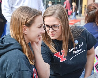 Jordyn Aho, a YSU criminal justice major, (right) paints a YSU "Y" on the face of Mia Lazazzera, 11, from Canfield, at the Federal Frenzy Music and Arts Festival on West Federal Street in downtown Youngstown on Saturday, April 21, 2018.   Mia attended the event with her father Mike and ten-year-old sister Carlie.  

Photo by Scott R. Williams - The Vindicator