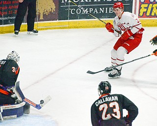 Youngstown Phantom #31, Ivan Prosvetov, stops Dubuque #27's, Ryder Donovan, puck from entering the net with his stick during the second game of the USHL playoff at the Covelli Center on Saturday, April 21, 2018.  

Photo by Scott Williams - The Vindicator