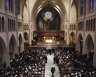 Mourners gather at St. Martin's Episcopal Church during a funeral service for former first lady Barbara Bush, Saturday, April 21, 2018, in Houston. (Brett Coomer /Houston Chronicle via AP, Pool)