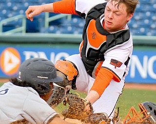 William D. Lewis The vindicator  Howland catcher Cameron Durig tags Fitch's Jeremiah Papa(18) out at the plate during first inning action 4-23-18  at Eastwood