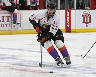 Youngstown Phantoms' Dalton Messina brings the puck into the zone during their hockey game against the Dubuque Fighting Saints at Mystique Community Ice Center in Dubuque on Tuesday, April 24, 2018.