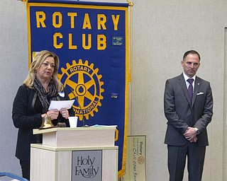 Neighbors | Zack Shively.Each representative that received money from the Poland Rotary spoke briefly about what the organization will do with the funds. Pictured is Liz McGarry of Hospice of the Valley. The organization will use the money for free care for uninsured patients and maintaining the Hospice House.