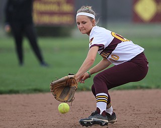 Marlaina Slobach (00) of South Range fields a ball during Friday afternoons game against Girard at South Range.  Dustin Livesay  |  The Vindicator  4/27/17 South Range High School.