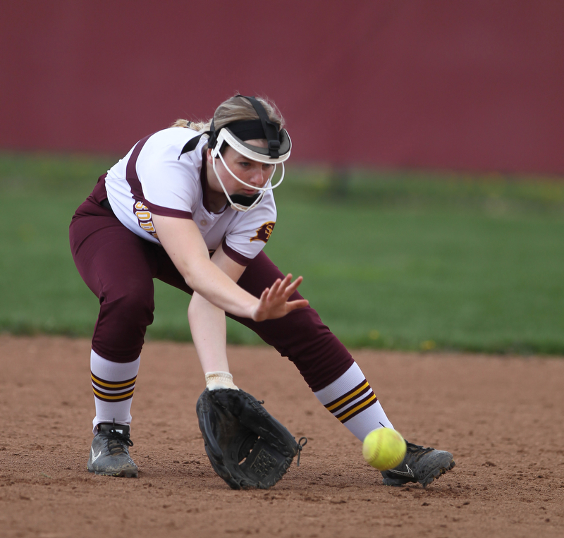 Abbey Bokros (4) of South Range fields a ball during Friday afternoons game against Girard at South Range.  Dustin Livesay  |  The Vindicator  4/27/17 South Range High School.