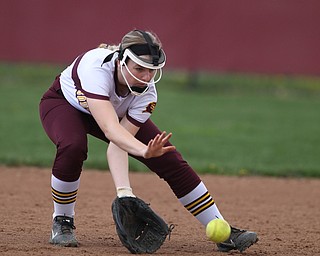 Abbey Bokros (4) of South Range fields a ball during Friday afternoons game against Girard at South Range.  Dustin Livesay  |  The Vindicator  4/27/17 South Range High School.