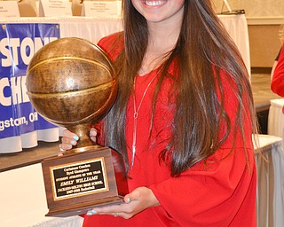 Emily Williams, from Jackson-Milton High School, holds her Curbstone Coaches Byrd Giampetro Student Athlete of the Year award at the Curbstone Coaches Basketball Recognition Banquet at the Our Lady of Mount Carmel Social Hall in Youngstown on Sunday, April 29, 2018.  

Photo by Scott R. Williams - The Vindicator