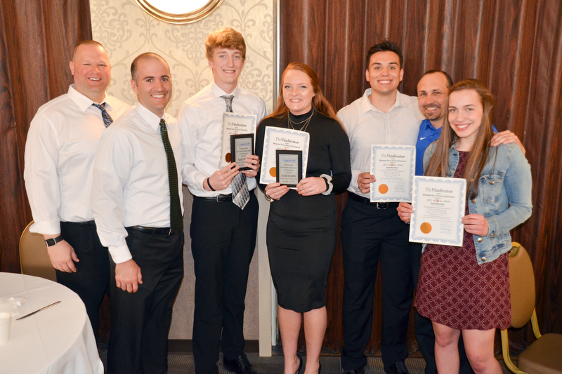 A group of students and coaches from Western Reserve display their certificates at the Curbstone Coaches Basketball Recognition Banquet at the Our Lady of Mount Carmel Social Hall in Youngstown on Sunday, April 29, 2018.  From left to right, they are: Jeff Martig, Patsy Daltorio, Kade Hilles, Alexis Hughes, Jack Cappabianca, Steve Miller, and Laura Sigworth.  

Photo by Scott R. Williams - The Vindicator