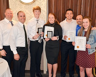 A group of students and coaches from Western Reserve display their certificates at the Curbstone Coaches Basketball Recognition Banquet at the Our Lady of Mount Carmel Social Hall in Youngstown on Sunday, April 29, 2018.  From left to right, they are: Jeff Martig, Patsy Daltorio, Kade Hilles, Alexis Hughes, Jack Cappabianca, Steve Miller, and Laura Sigworth.  

Photo by Scott R. Williams - The Vindicator