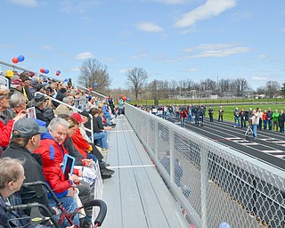 Lordstown Mayor Arno Hill (right) addresses a packed set of bleachers at a rally to keep TJX in the Mahoning Valley on Sunday, April 29, 2018 at the Lordstown High School track.  

Photo by Scott R. Williams - The Vindicator