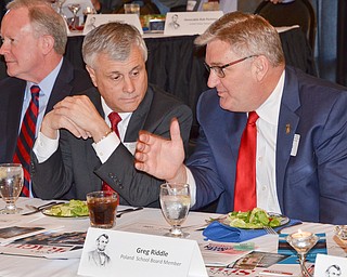 Greg Riddle, Poland School Board member, (right) chats with Judge Joe Houser, Mahoning County District Court, at the Mahoning County Republican Party's Annual Abraham Lincoln Day Dinner held at The Maronite Center on Tuesday, May 1, 2018.  

Photo by Scott Williams - The Vindicator