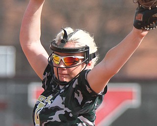 William D. Lewis The Vindicator  Ursuline pitcher Emma Ericson(21) delivers during 5-2-18 win over Lakeview at YSU.