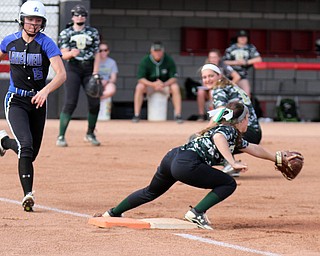 William D. Lewis The Vindicator Lakeview's Annie Pavlansky(15) is safe at first as Ursuline's Jenna O'Hara(19) looses control of the ball  Ursuline pitcher Emma Ericson(21) delivers during 5-2-18 action at YSU.