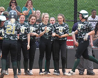 William D. Lewis The Vindicator  Ursuline's Julia  Nutter(17) (right) gets congrats after hitting home run during 5-2-18 win over Lakeview at YSU.