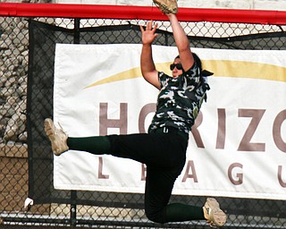 William D. Lewis The Vindicator  Ursuline's  Jordyn Kennally.(99) cathe a flyball during 5-2-18 win over Lakeview at YSU.