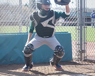 Hector Rosa, a Ursuline High School sophomore, is a catcher on the Ursuline Baseball team.  Rosa came to Austintown with his family after his hometown in Puerto Rico was destroyed by hurricane Maria.  He uses a translator, Cristian Perez, a Ursuline freshman.  Perez is also the team's student team manager.  Photo by Christine Yoder...