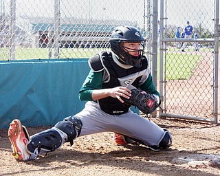 Hector Rosa, a Ursuline High School sophomore, is a catcher on the Ursuline Baseball team.  Rosa came to Austintown with his family after his hometown in Puerto Rico was destroyed by hurricane Maria.  He uses a translator, Cristian Perez, a Ursuline freshman.  Perez is also the team's student team manager.  Photo by Christine Yoder.