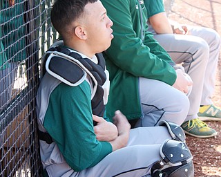 Hector Rosa, a Ursuline High School sophomore, is a catcher on the Ursuline Baseball team.  Rosa came to Austintown with his family after his hometown in Puerto Rico was destroyed by hurricane Maria.  He uses a translator, Cristian Perez, a Ursuline freshman.  Perez is also the team's student team manager.  Photo by Christine Yoder.