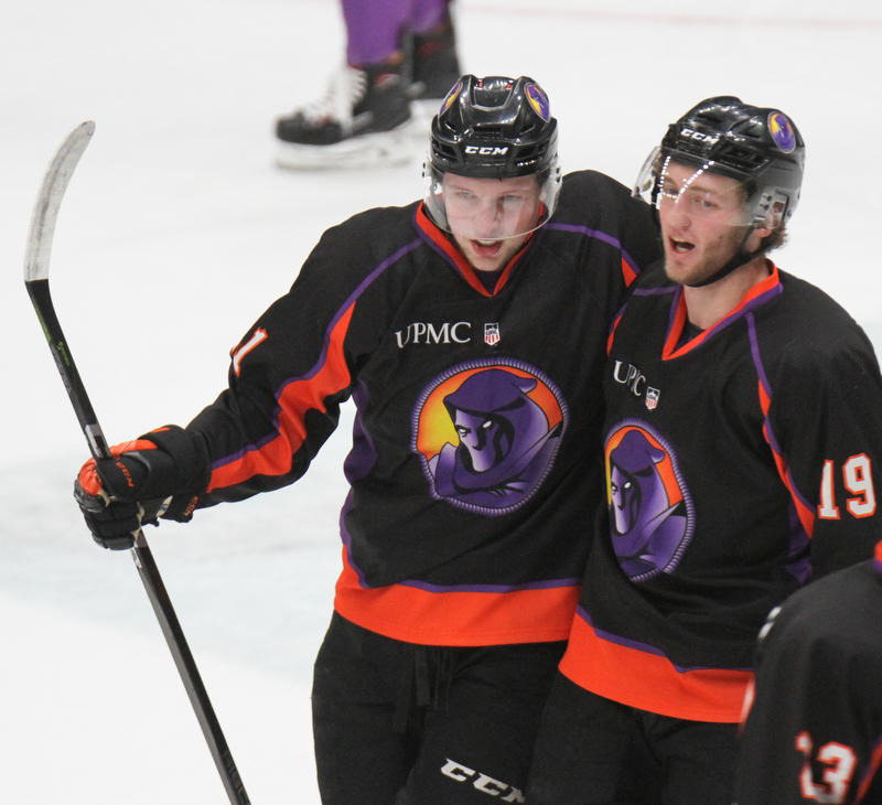William D. Lewis The Vindicator  Phantoms Michael Regush(21), left, and Chase Grescock(19) celebrate after Regush scored during 1rst period 5-5-18.
