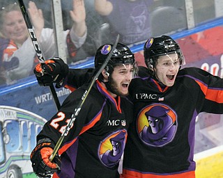William D. Lewis the Vindicator   Phantoms Dalton Messina(22)  gets congratd from Max Ellis after Messina scored during 1rst period action 5-5-18 at Covelli.